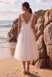 White Tulle Floral A-Line V-Neck Midi Beach Wedding Dress