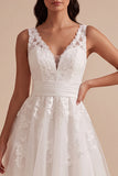 White Tulle Floral A-Line V-Neck Midi Beach Wedding Dress