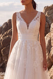 White Tulle Floral A-Line V-Neck Midi Beach Wedding Dress