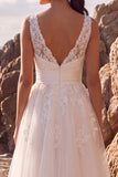 White Tulle Floral A-Line V-Neck Midi Beach Wedding Dress