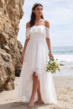 White Lace A Line Cold Shoulder High-Low Wedding Dress