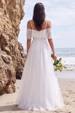 White Lace A Line Cold Shoulder High-Low Wedding Dress