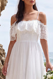 White Lace A Line Cold Shoulder High-Low Wedding Dress