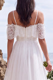 White Lace A Line Cold Shoulder High-Low Wedding Dress