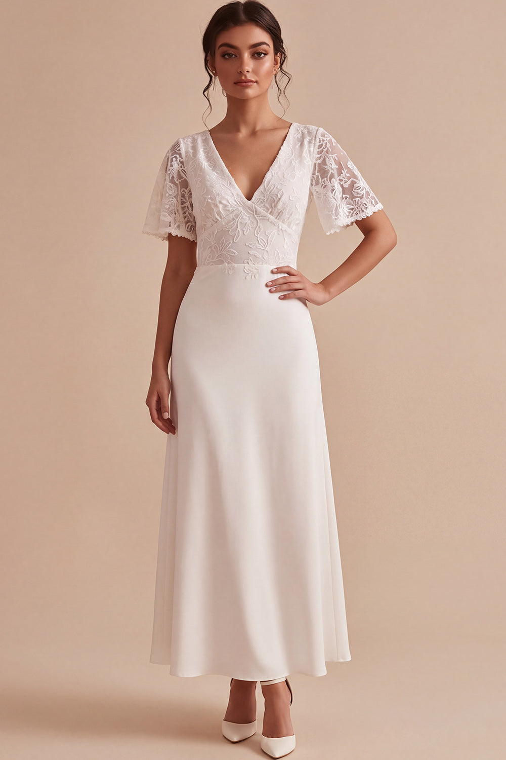 A Line V-Neck White Lace Maxi Beach Wedding Dress with Sleeves