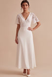 A Line V-Neck White Lace Maxi Beach Wedding Dress with Sleeves