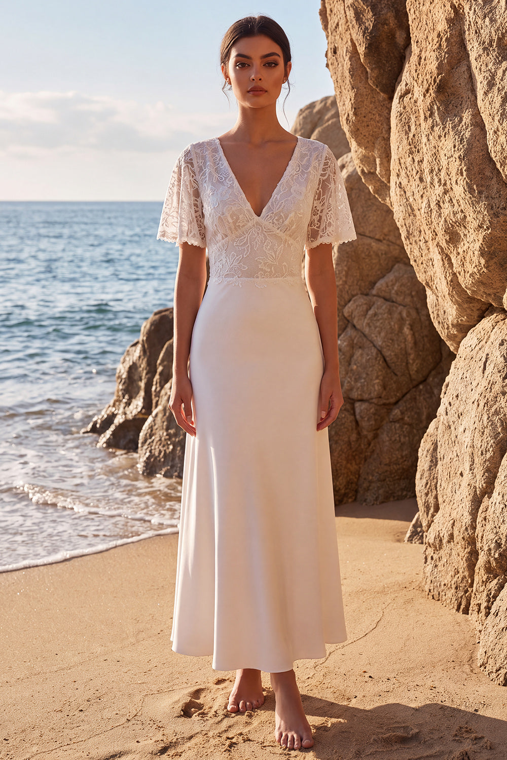 A Line V-Neck White Lace Maxi Beach Wedding Dress with Sleeves