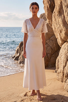 A Line V-Neck White Lace Maxi Beach Wedding Dress with Sleeves
