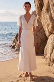 A Line V-Neck White Lace Maxi Beach Wedding Dress with Sleeves