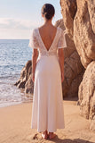 A Line V-Neck White Lace Maxi Beach Wedding Dress with Sleeves