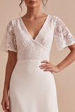 A Line V-Neck White Lace Maxi Beach Wedding Dress with Sleeves