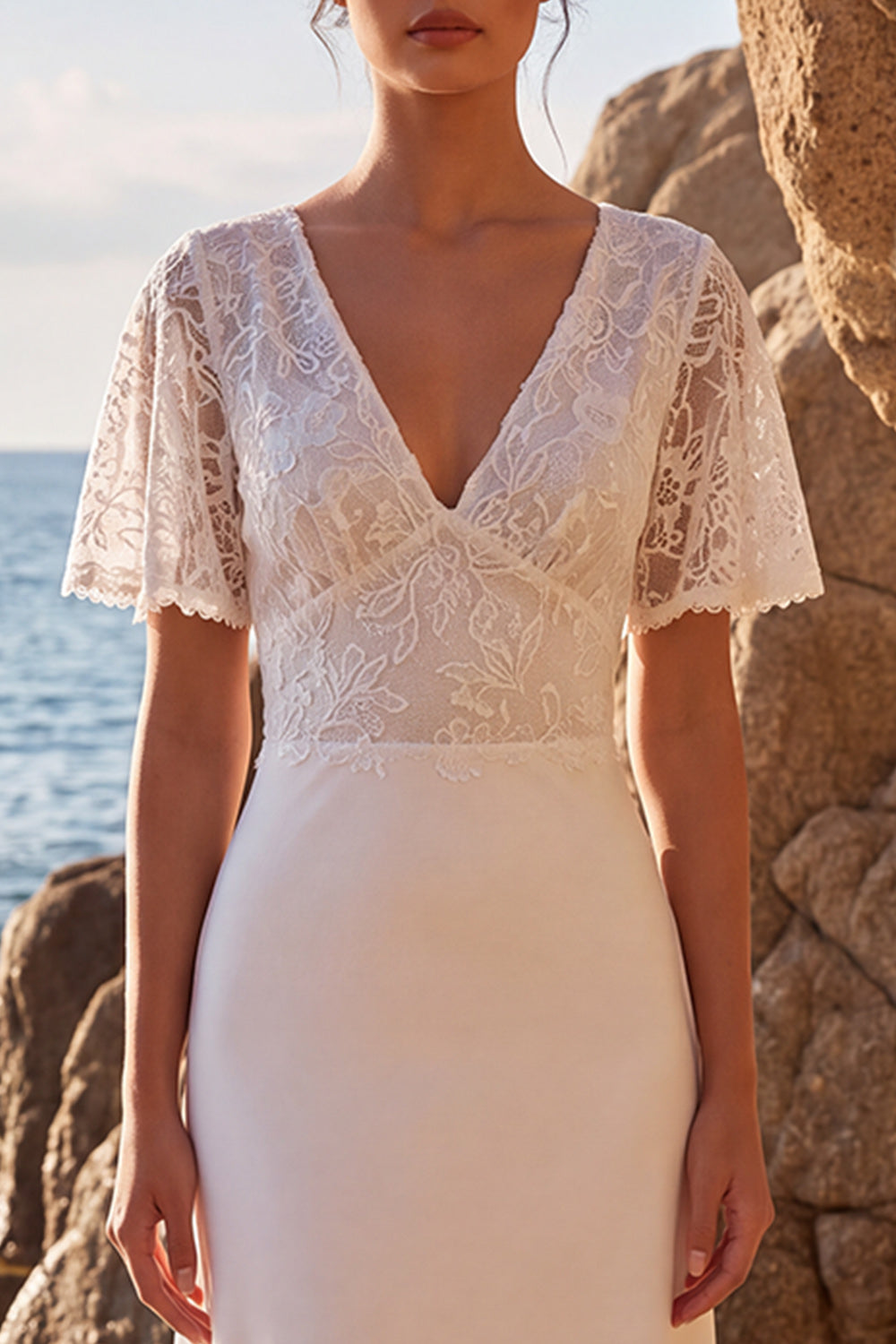 A Line V-Neck White Lace Maxi Beach Wedding Dress with Sleeves
