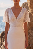 A Line V-Neck White Lace Maxi Beach Wedding Dress with Sleeves