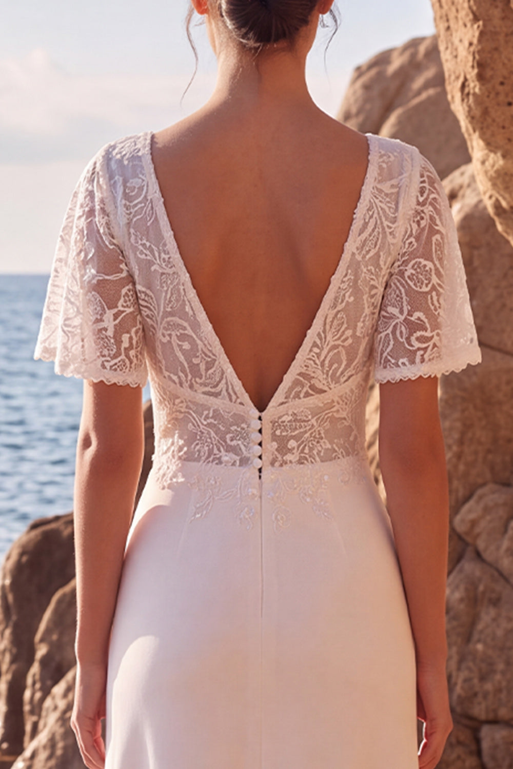 A Line V-Neck White Lace Maxi Beach Wedding Dress with Sleeves