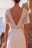 A Line V-Neck White Lace Maxi Beach Wedding Dress with Sleeves