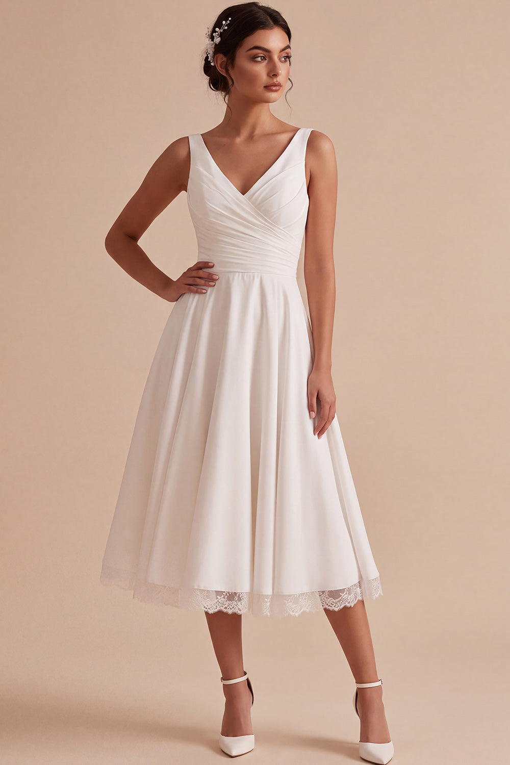 White A-Line Ruched V-Neck Midi Beach Wedding Dress with Lace