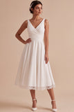 White A-Line Ruched V-Neck Midi Beach Wedding Dress with Lace