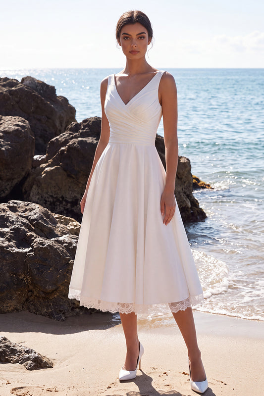 White A-Line Ruched V-Neck Midi Beach Wedding Dress with Lace
