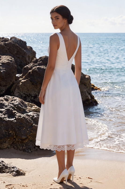 White A-Line Ruched V-Neck Midi Beach Wedding Dress with Lace