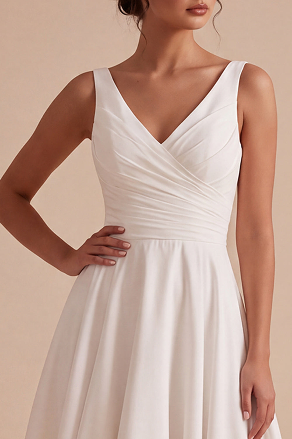 White A-Line Ruched V-Neck Midi Beach Wedding Dress with Lace