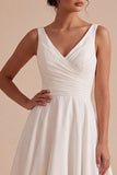 White A-Line Ruched V-Neck Midi Beach Wedding Dress with Lace