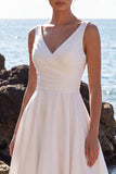 White A-Line Ruched V-Neck Midi Beach Wedding Dress with Lace