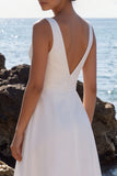 White A-Line Ruched V-Neck Midi Beach Wedding Dress with Lace