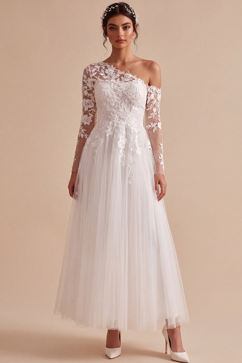 White Floral Tulle One Shoulder Maxi Beach Wedding Dress with Sleeves
