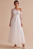 White Floral Tulle One Shoulder Maxi Beach Wedding Dress with Sleeves