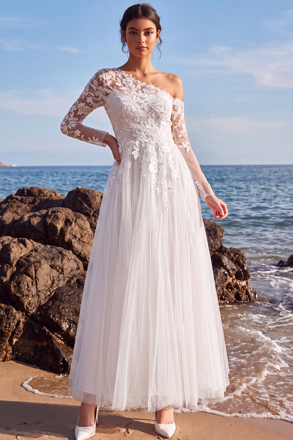 White Floral Tulle One Shoulder Maxi Beach Wedding Dress with Sleeves