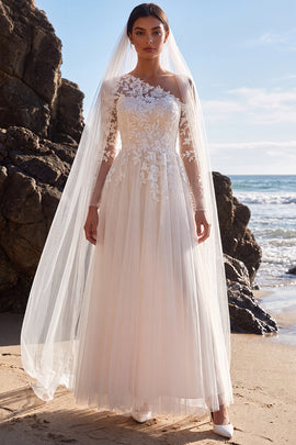 White Floral Tulle One Shoulder Maxi Beach Wedding Dress with Sleeves