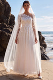 White Floral Tulle One Shoulder Maxi Beach Wedding Dress with Sleeves