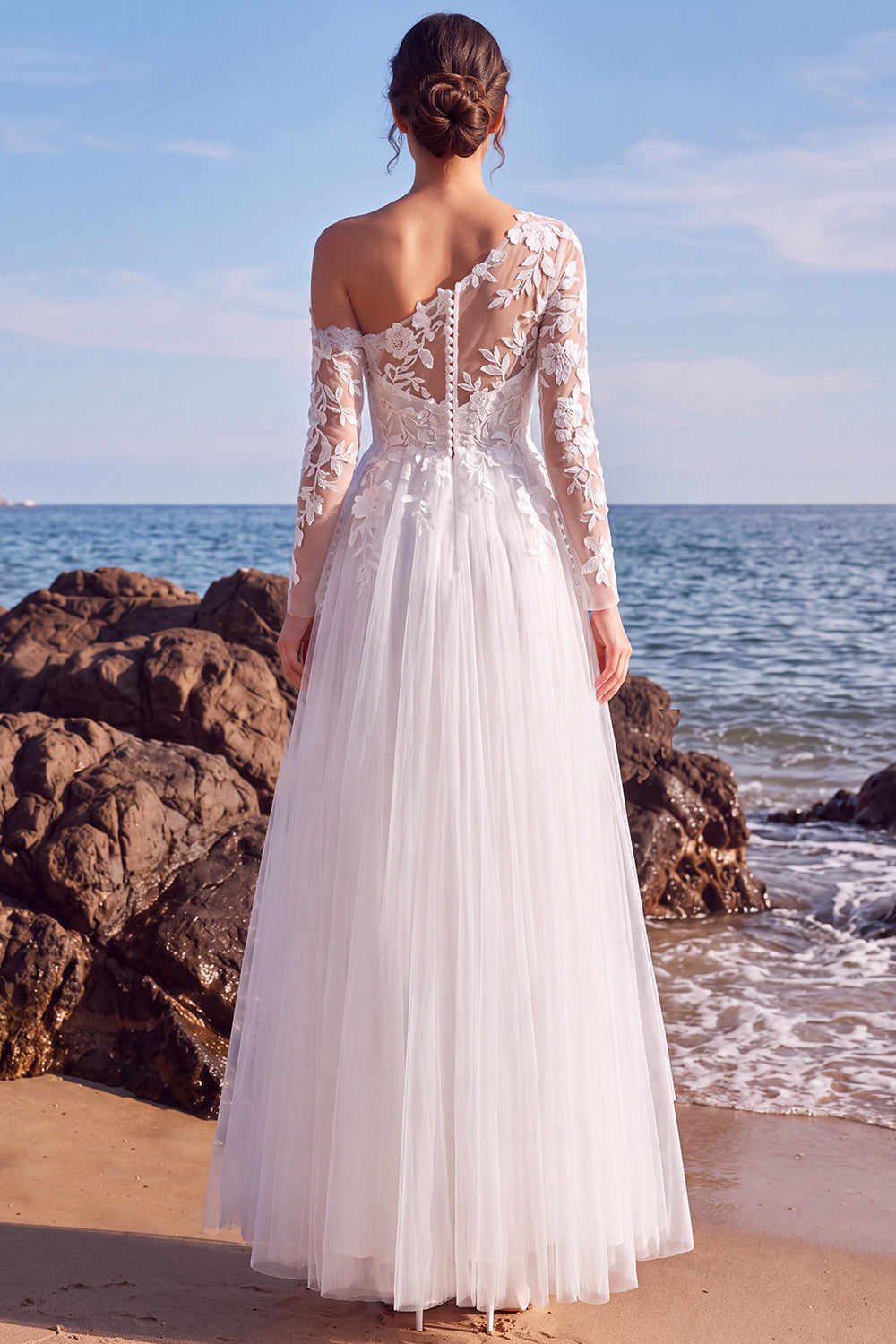White Floral Tulle One Shoulder Maxi Beach Wedding Dress with Sleeves