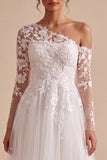 White Floral Tulle One Shoulder Maxi Beach Wedding Dress with Sleeves