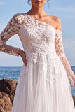 White Floral Tulle One Shoulder Maxi Beach Wedding Dress with Sleeves