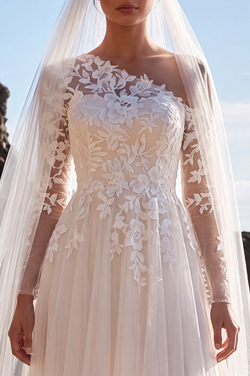 White Floral Tulle One Shoulder Maxi Beach Wedding Dress with Sleeves