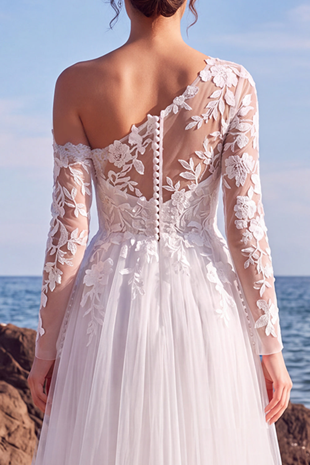 White Floral Tulle One Shoulder Maxi Beach Wedding Dress with Sleeves