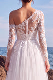 White Floral Tulle One Shoulder Maxi Beach Wedding Dress with Sleeves
