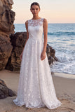 White Lace A-Line Illusion Boat Neck Sweep Train Wedding Dress