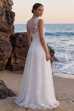 White Lace A-Line Illusion Boat Neck Sweep Train Wedding Dress