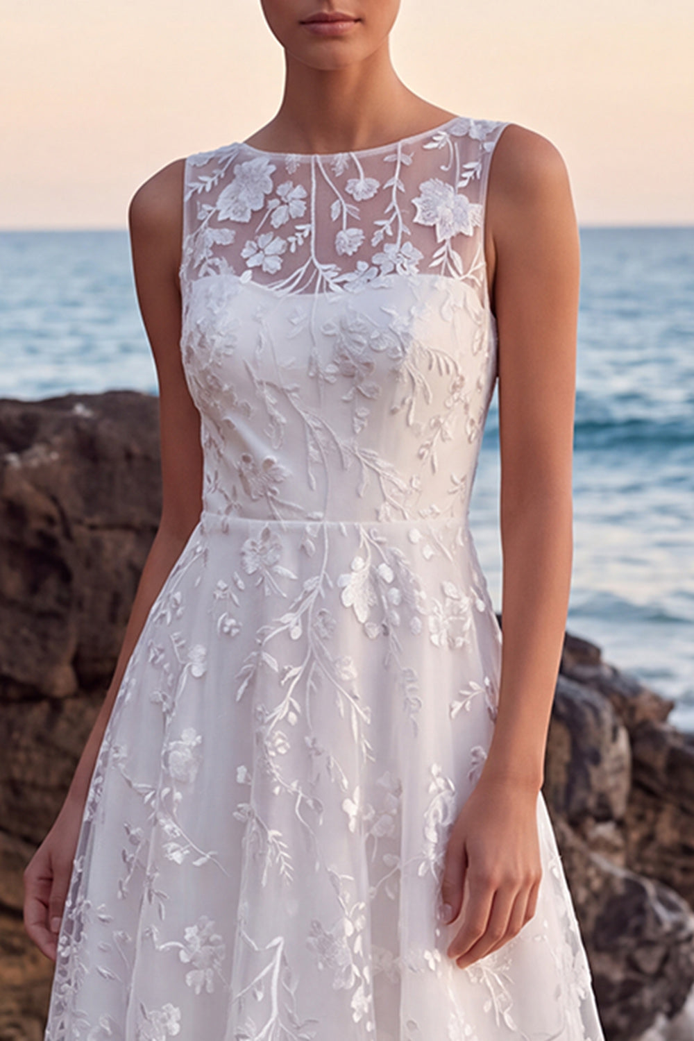 White Lace A-Line Illusion Boat Neck Sweep Train Wedding Dress