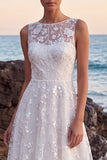 White Lace A-Line Illusion Boat Neck Sweep Train Wedding Dress