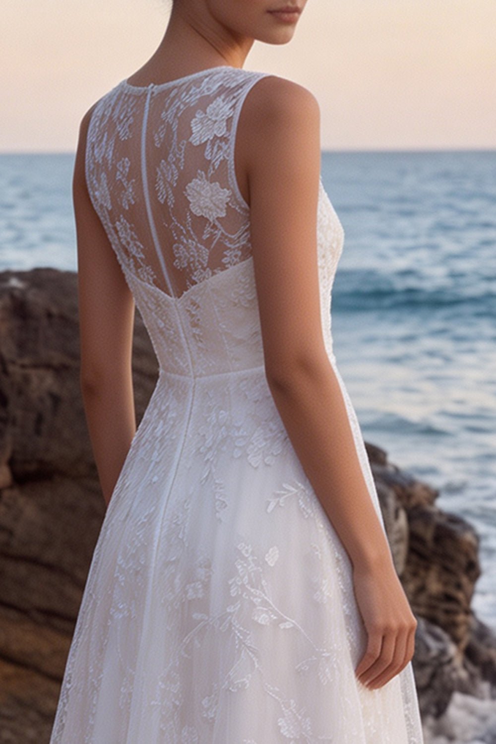 White Lace A-Line Illusion Boat Neck Sweep Train Wedding Dress