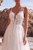 White Floral Tulle A-Line Spaghetti Straps Sweep Train Wedding Dress