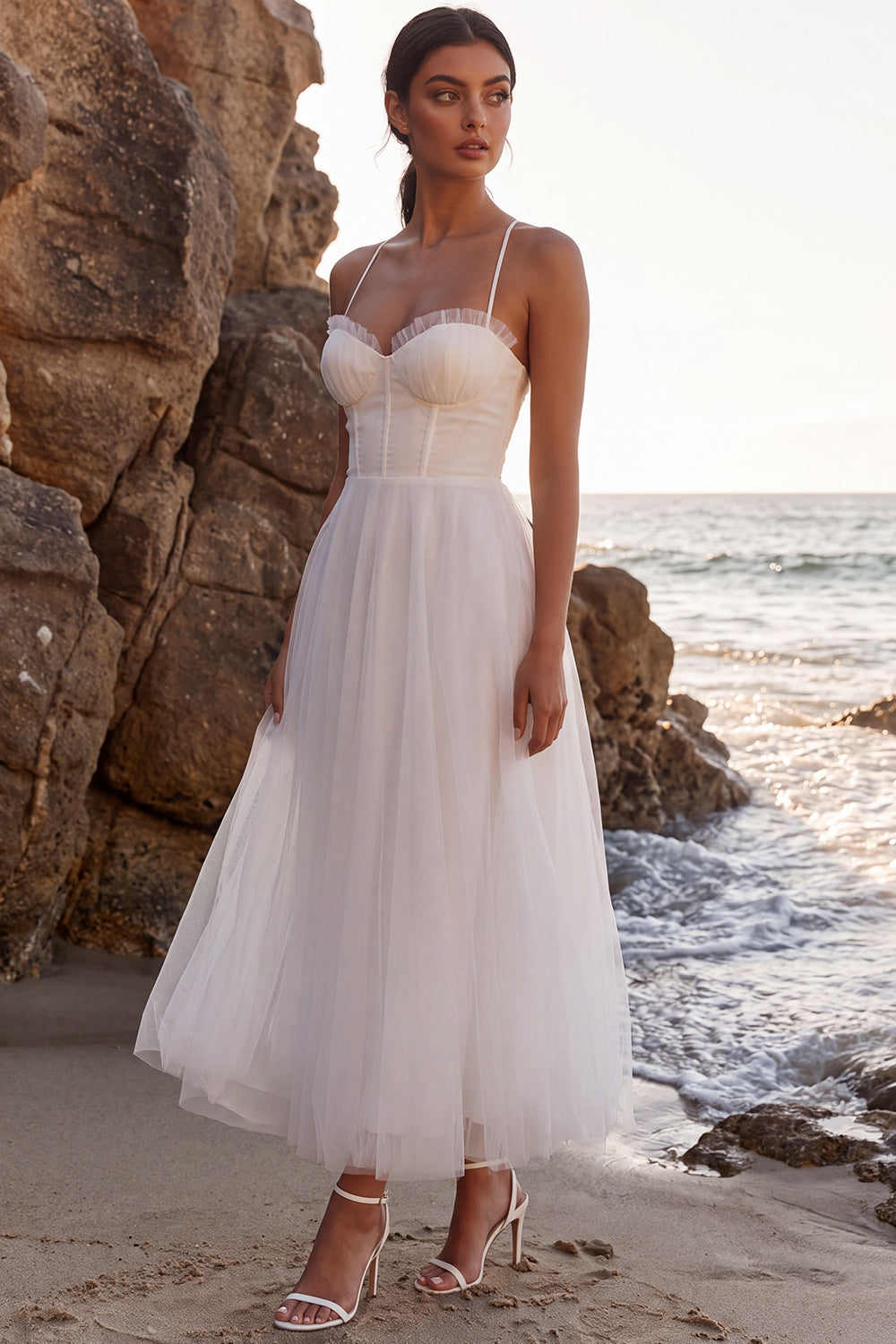 White Tulle Corset A-Line Spaghetti Straps Maxi Beach Wedding Dress