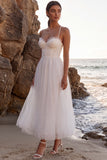 White Tulle Corset A-Line Spaghetti Straps Maxi Beach Wedding Dress