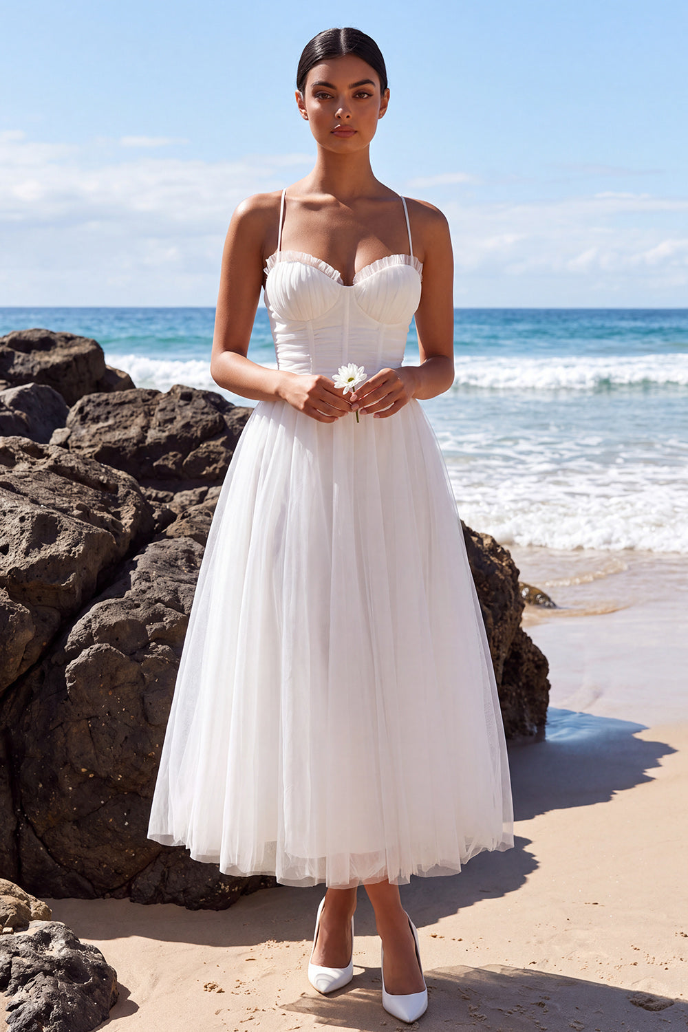 White Tulle Corset A-Line Spaghetti Straps Maxi Beach Wedding Dress