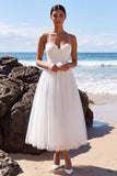 White Tulle Corset A-Line Spaghetti Straps Maxi Beach Wedding Dress