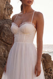 White Tulle Corset A-Line Spaghetti Straps Maxi Beach Wedding Dress