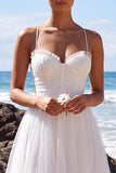 White Tulle Corset A-Line Spaghetti Straps Maxi Beach Wedding Dress